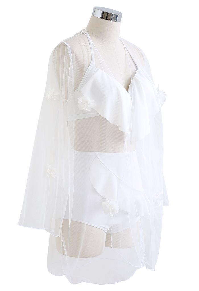 Bustier Ruffle Bikini Set with Mesh Kimono in White