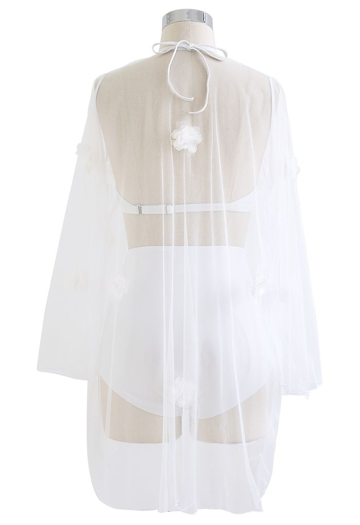 Bustier Ruffle Bikini Set with Mesh Kimono in White