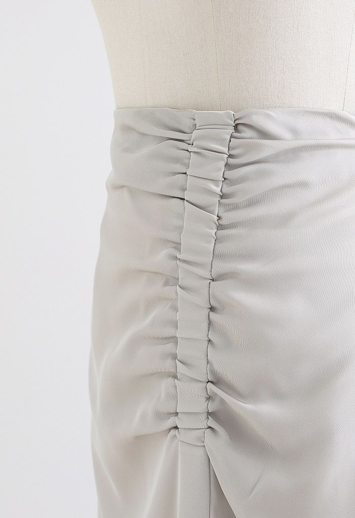 Front Split Stretchy Ruching Midi Skirt in Sand