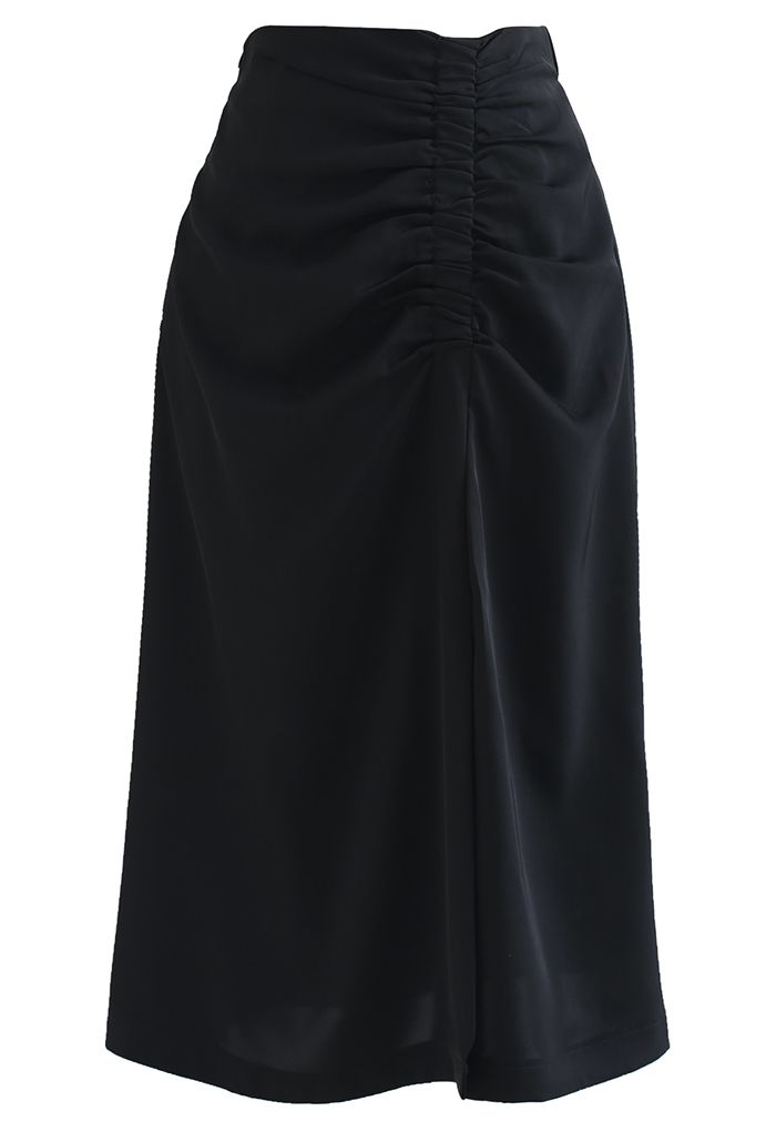Front Split Stretchy Ruching Midi Skirt in Black - Retro, Indie and ...