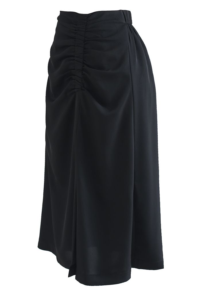 Front Split Stretchy Ruching Midi Skirt in Black - Retro, Indie and ...