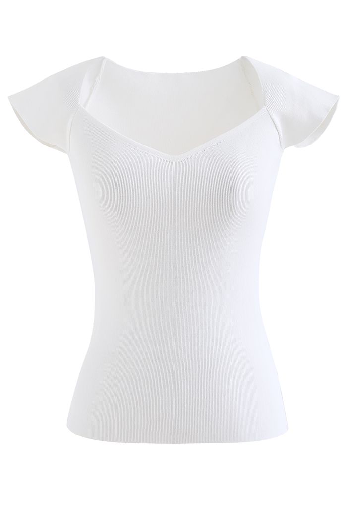 Sweetheart Neck Short-Sleeve Fitted Knit Top in White - Retro, Indie and Unique  Fashion