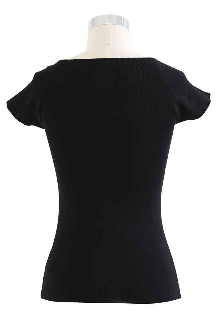 Sweetheart Neck Short-Sleeve Fitted Knit Top in Black - Retro, Indie ...