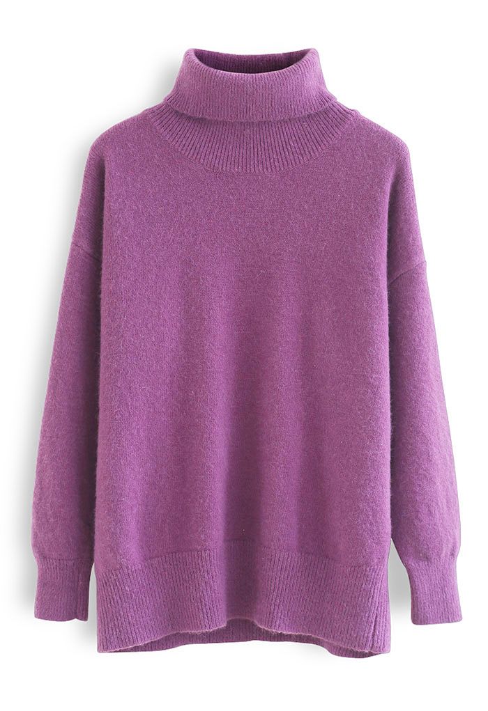 Neat Soft Knit Turtleneck Sweater in Purple