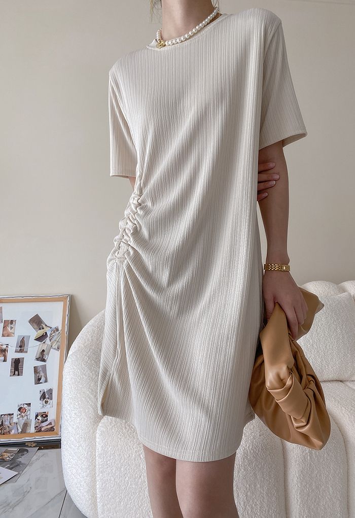 Stretchy Ruching T-Shirt Dress in Sand