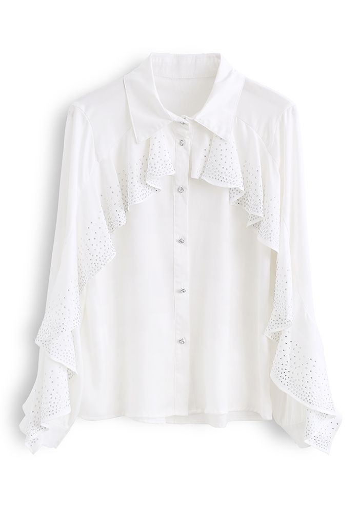 Crystal Ruffle Sleeve Satin Shirt in White