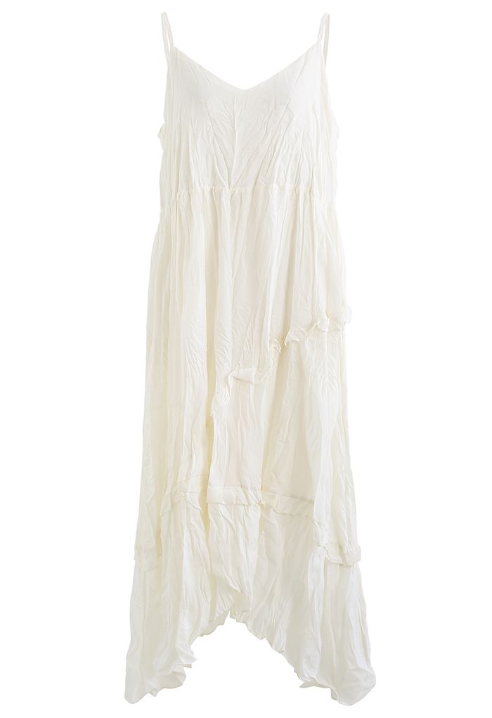 Ruched Frilly Asymmetric Hem Cami Dress in Ivory