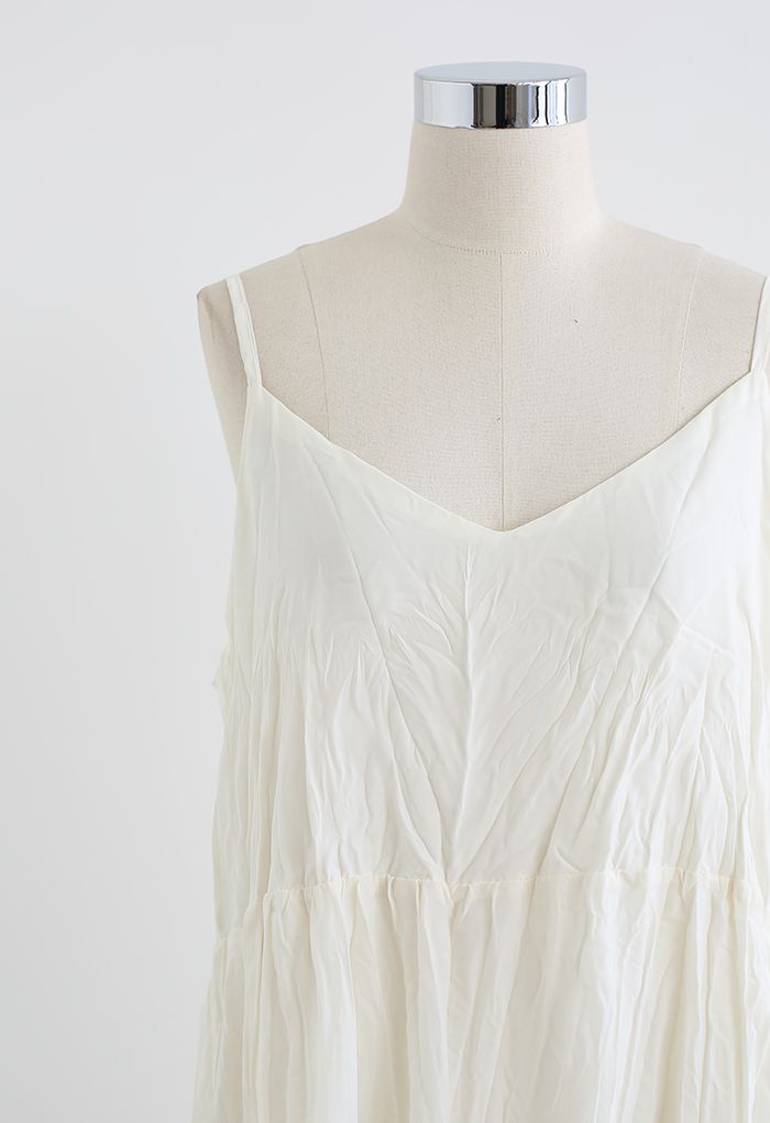 Ruched Frilly Asymmetric Hem Cami Dress in Ivory