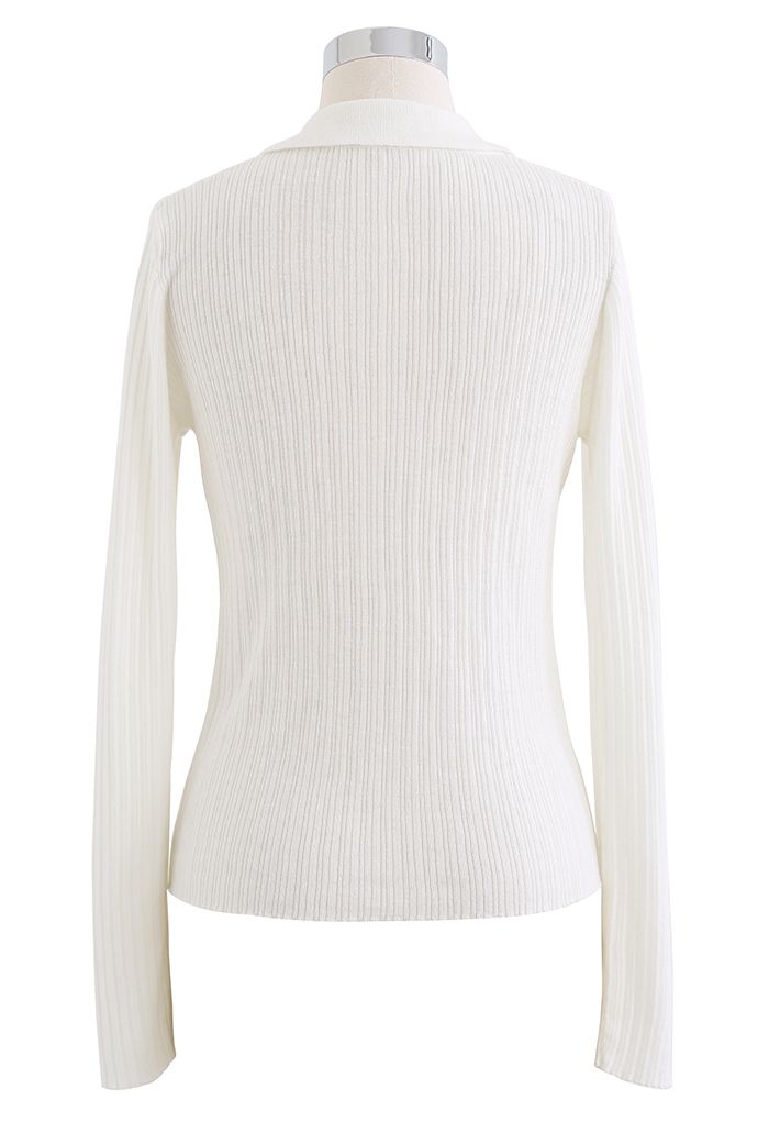 Collared V-Neck Fitted Knit Top in White - Retro, Indie and Unique Fashion