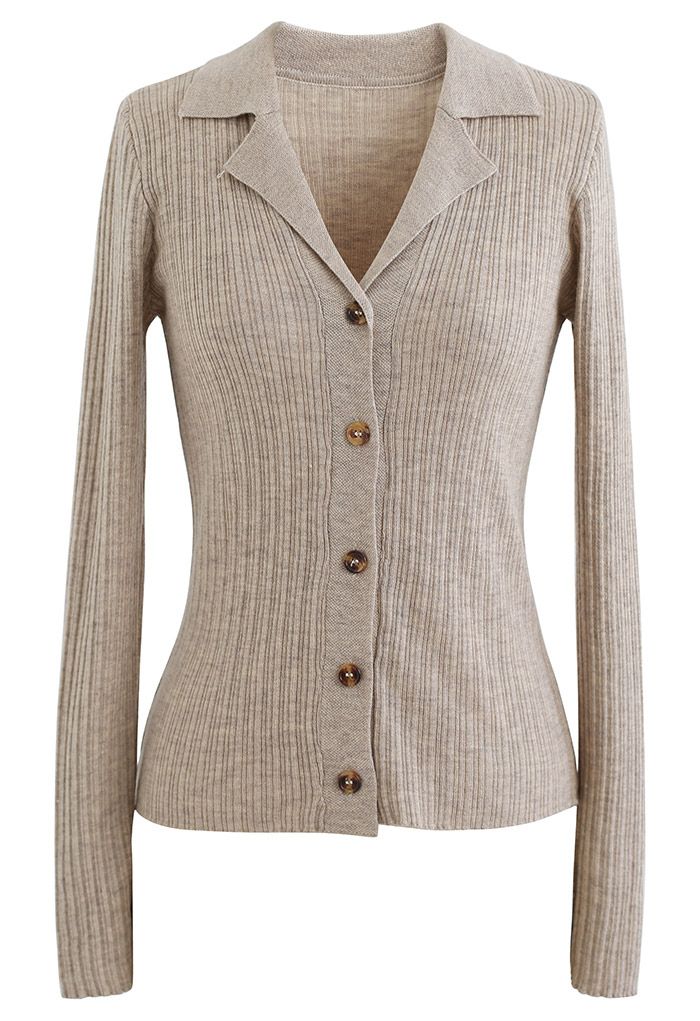 Collared V-Neck Fitted Knit Top in Taupe