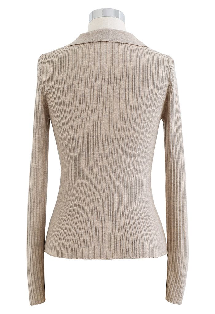 Collared V-Neck Fitted Knit Top in Taupe - Retro, Indie and Unique Fashion