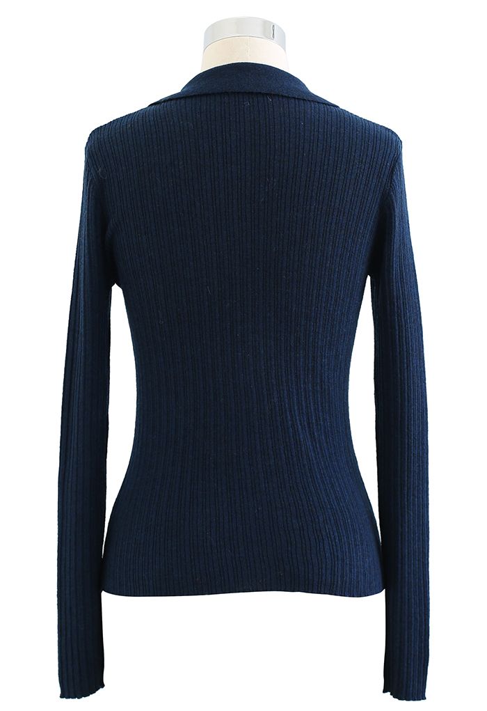 Collared V-Neck Fitted Knit Top in Navy