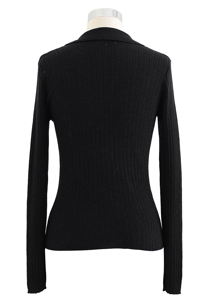 Collared V-Neck Fitted Knit Top in Black - Retro, Indie and Unique Fashion