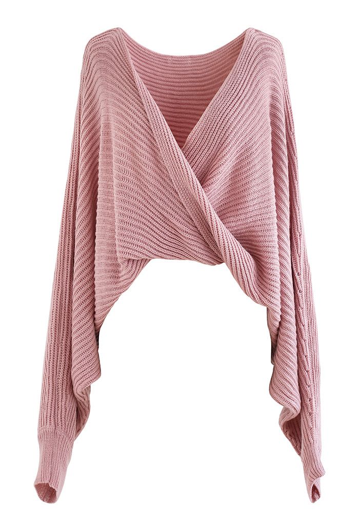 Twisted Front Batwing Sleeve Knit Sweater in Pink