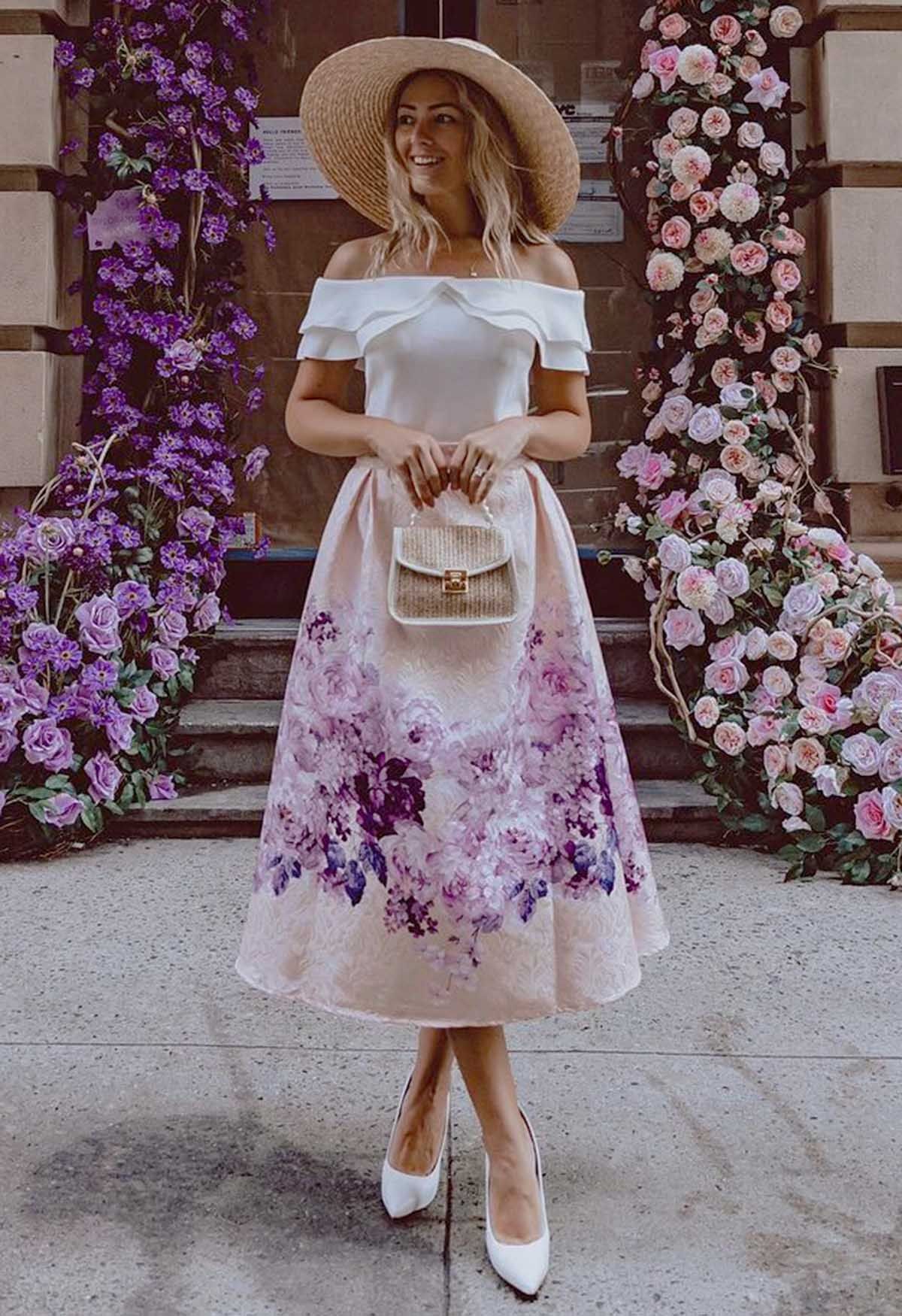 Lavender Peony Print Embossed Midi Skirt