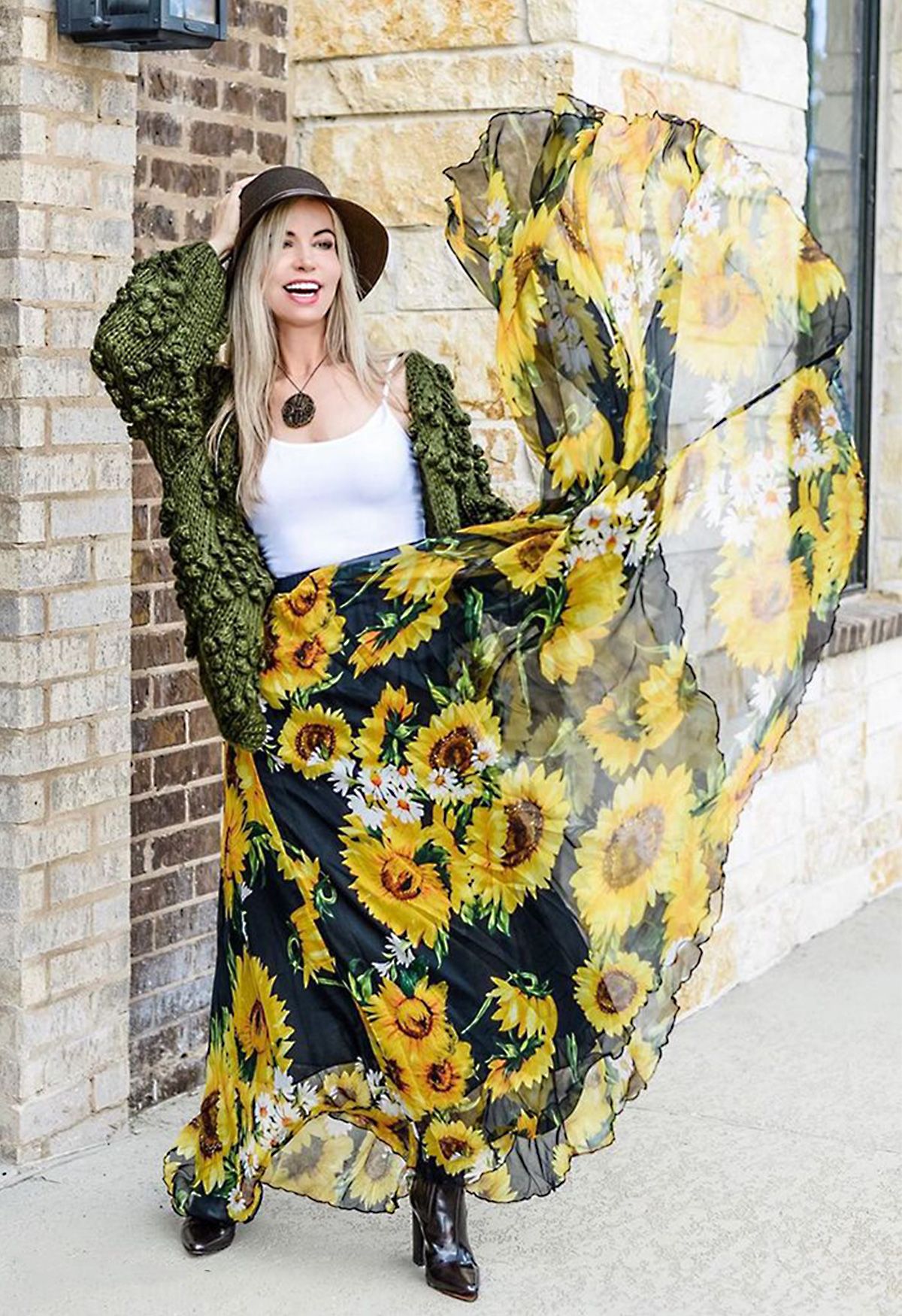 Blooming Sunflower Watercolor Maxi Skirt in Black