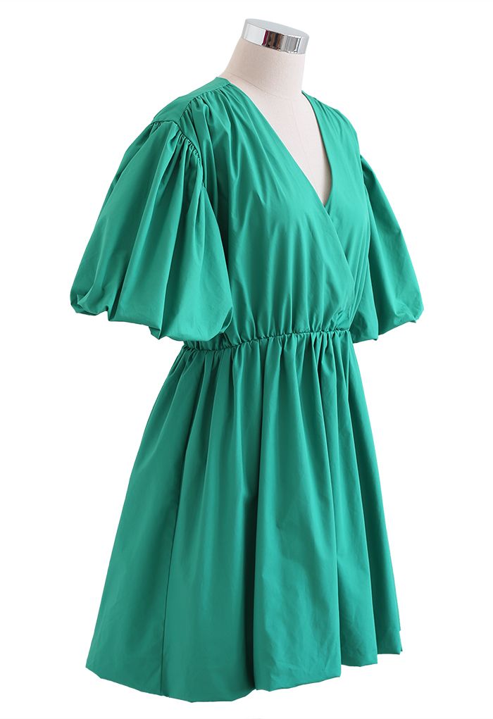 V-Neck Bubble Sleeves Cotton Dress in Green - Retro, Indie and Unique ...