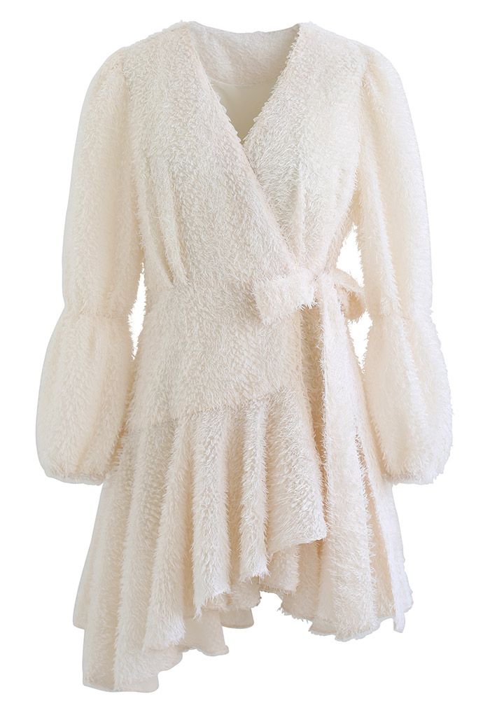 Fuzzy Wrapped Bowknot Asymmetric Mini Dress in Cream