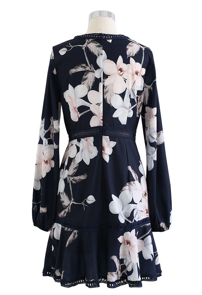 Magnolia Blossom Navy Chiffon Frilling Dress