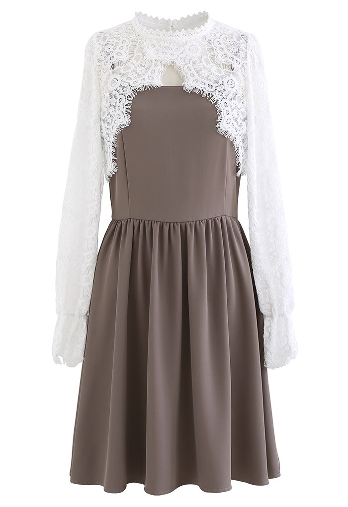 Floral Lace Cape Top and Cami Dress Set in Taupe