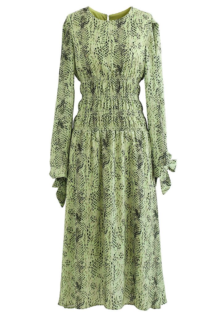 Snake Print Shirred Waist Midi Dress in Green - Retro, Indie and Unique ...