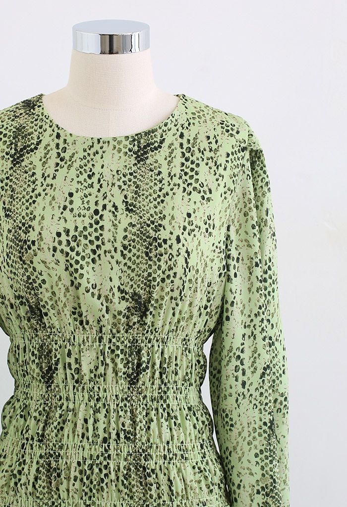 Snake Print Shirred Waist Midi Dress in Green