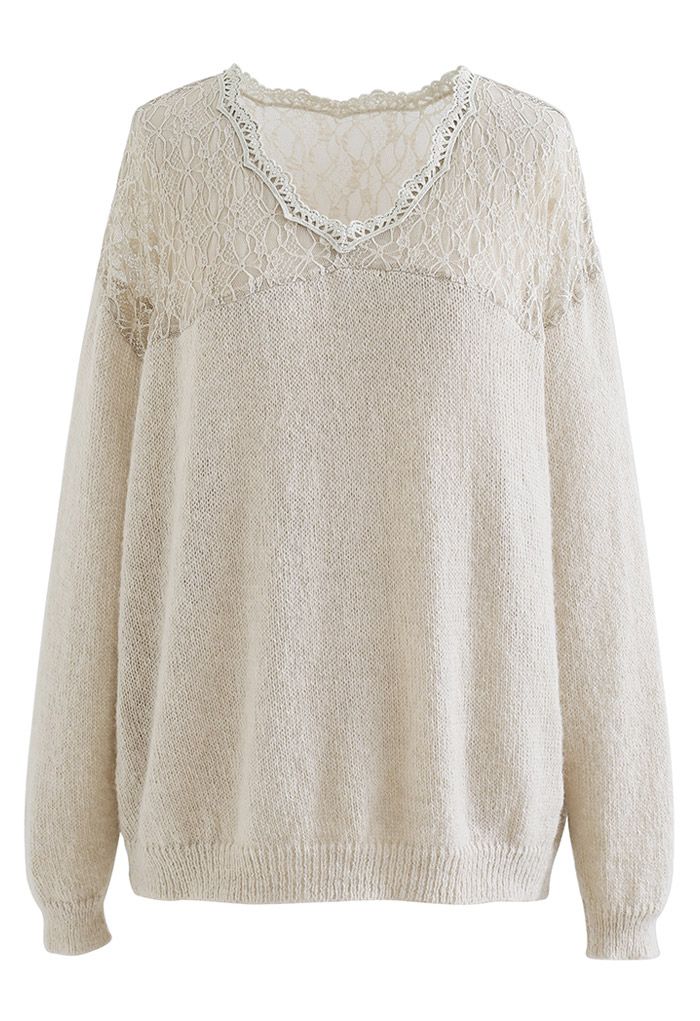 Soft Lace Spliced Knit Top in Sand