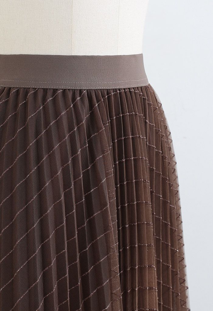 Glitter Stripe Pleated Mesh Skirt in Brown
