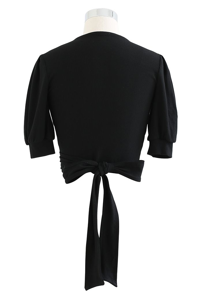 Crisscross Tie-Waist Wrapped Crop Top in Black