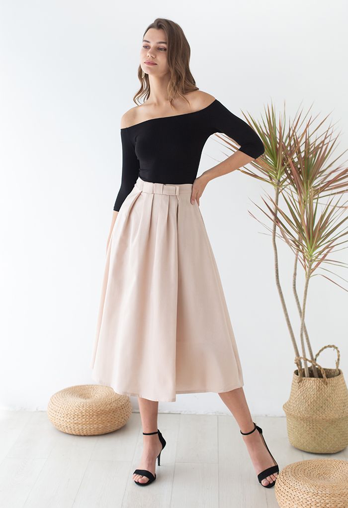 Glimmer Slim Bow Pleated Midi Skirt in Blush Pink - Retro, Indie and ...