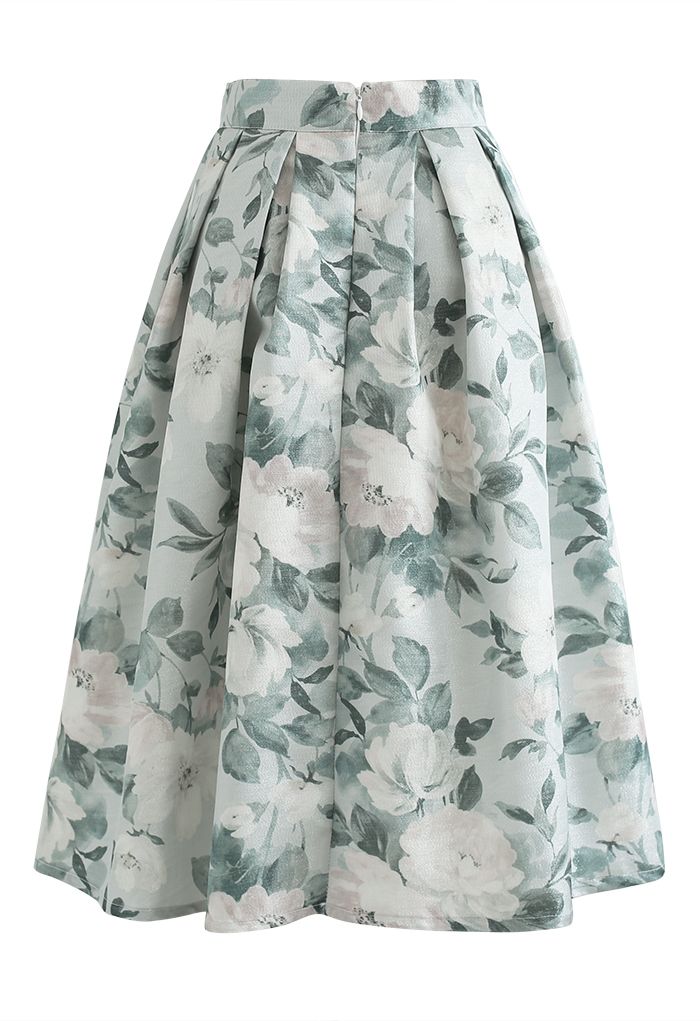 Shimmery Flower Jacquard Pleated Midi Skirt