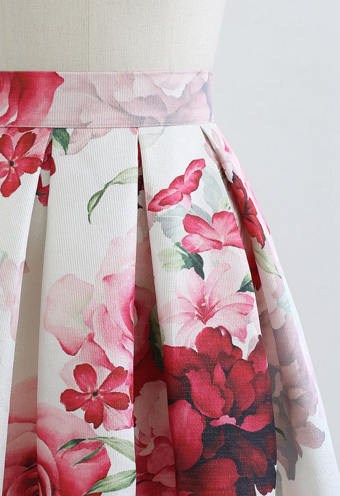 Blushing Peony Pleated Jacquard A-Line Skirt