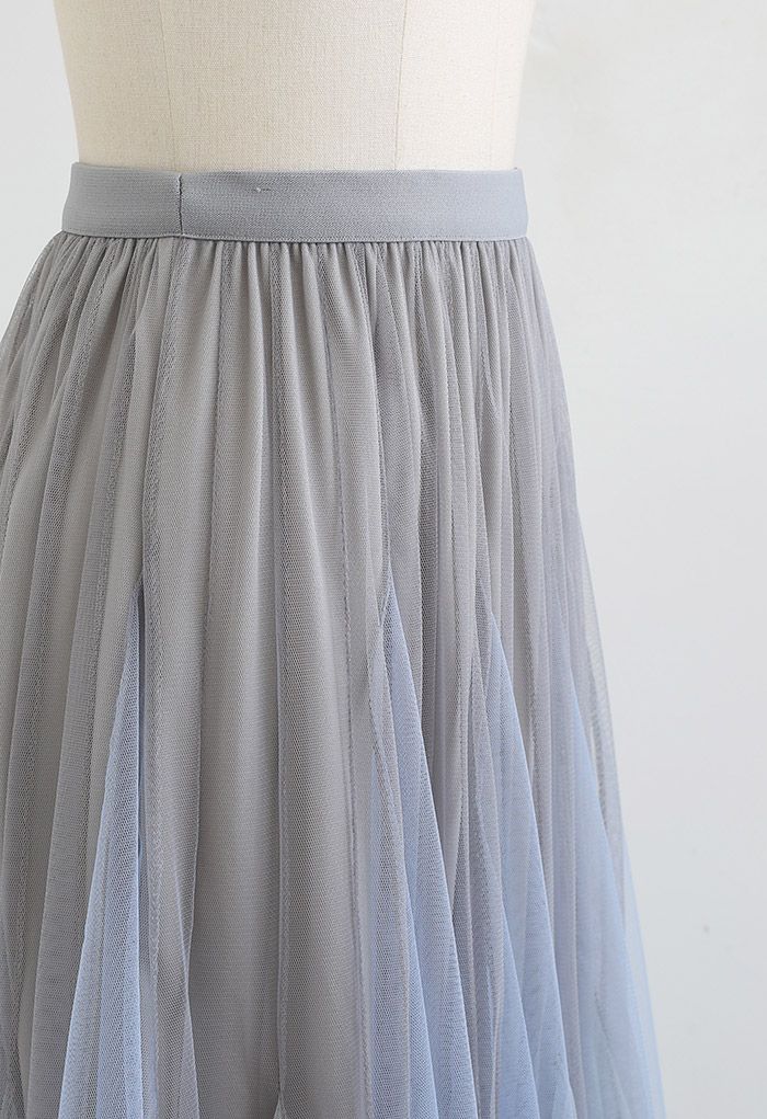 Color Block Panelled Mesh Frilling Maxi Skirt in Dusty Blue - Retro ...