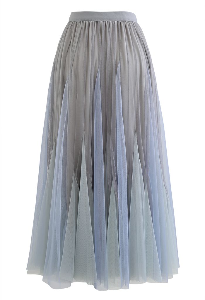 Color Block Panelled Mesh Frilling Maxi Skirt in Dusty Blue - Retro ...