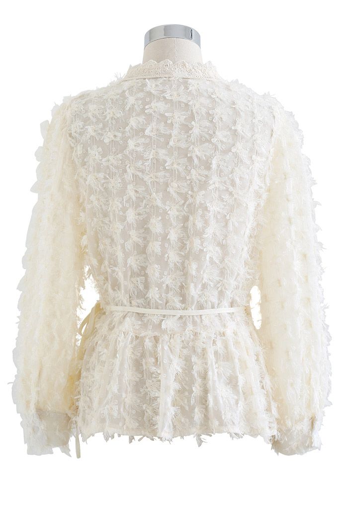 Lacy Feather Dots Trim Wrapped Peplum Top