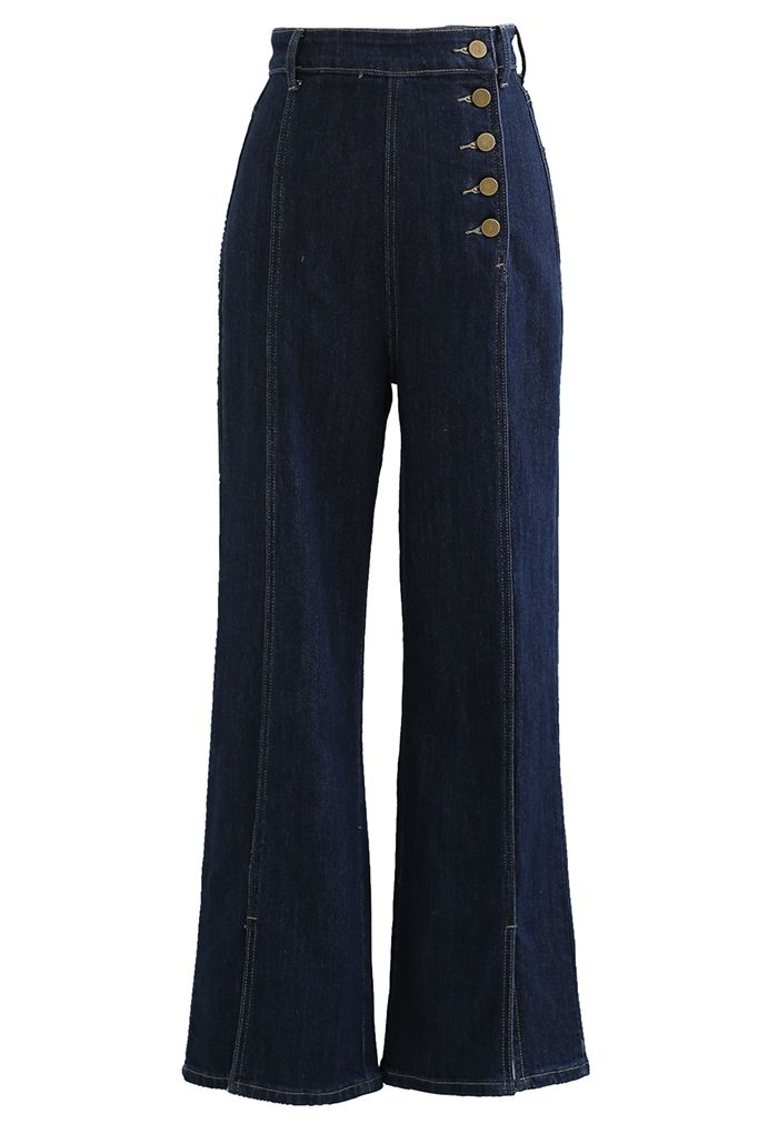 Side Buttons Flare Leg Slit Jeans in Navy - Retro, Indie and Unique Fashion