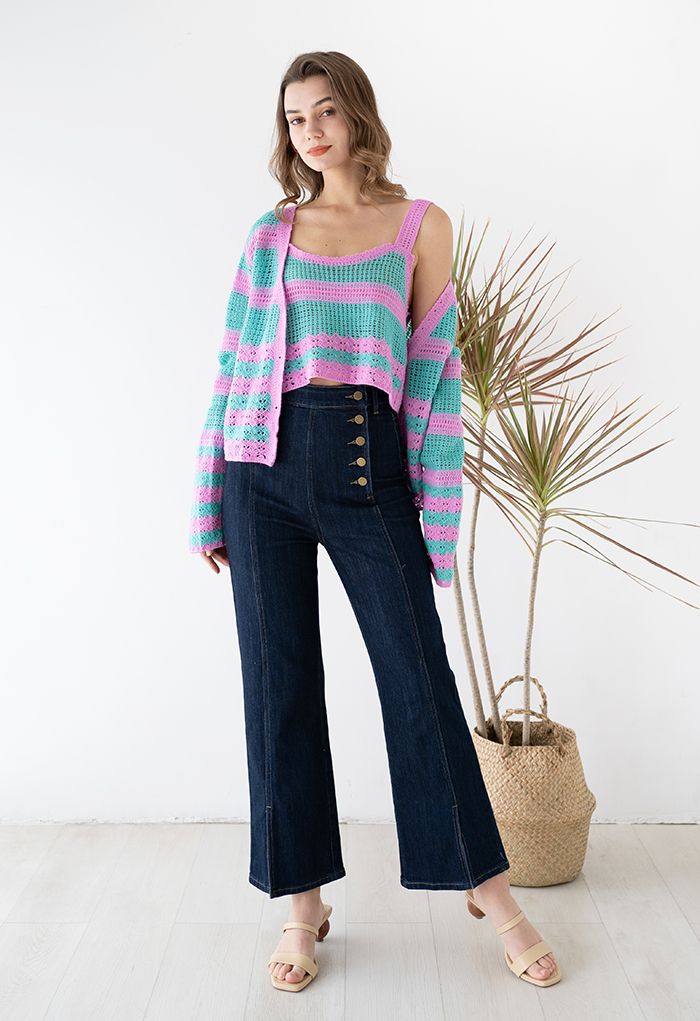 Bicolor Stripe Hollow Out Cami Top and Cardigan Set