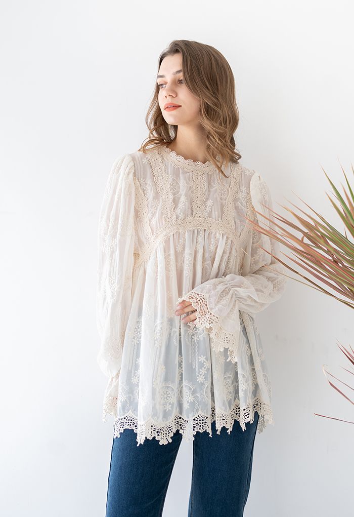 Creamy Chiffon Floral Embroidered Dolly Top