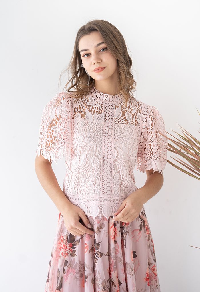 Endless Floral Full Crochet Crop Top in Pink