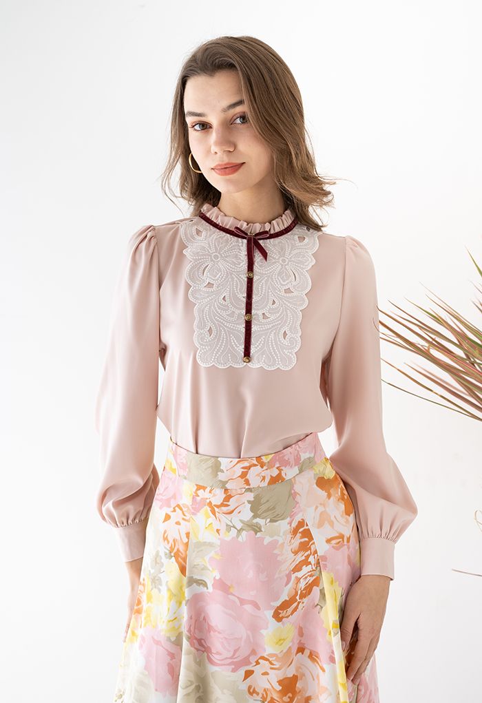 Floral Crochet Piping Satin Top in Pink