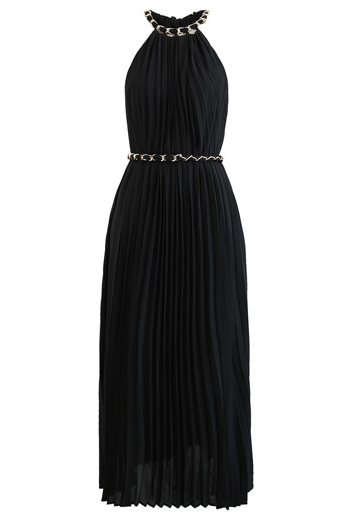 Golden Chain Halter Neck Pleated Maxi Dress in Black - Retro, Indie and ...
