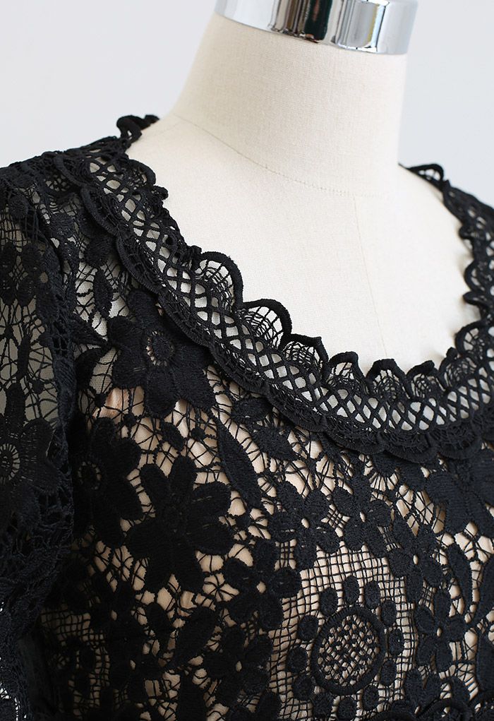 Floral Crochet Short-Sleeve Midi Dress in Black