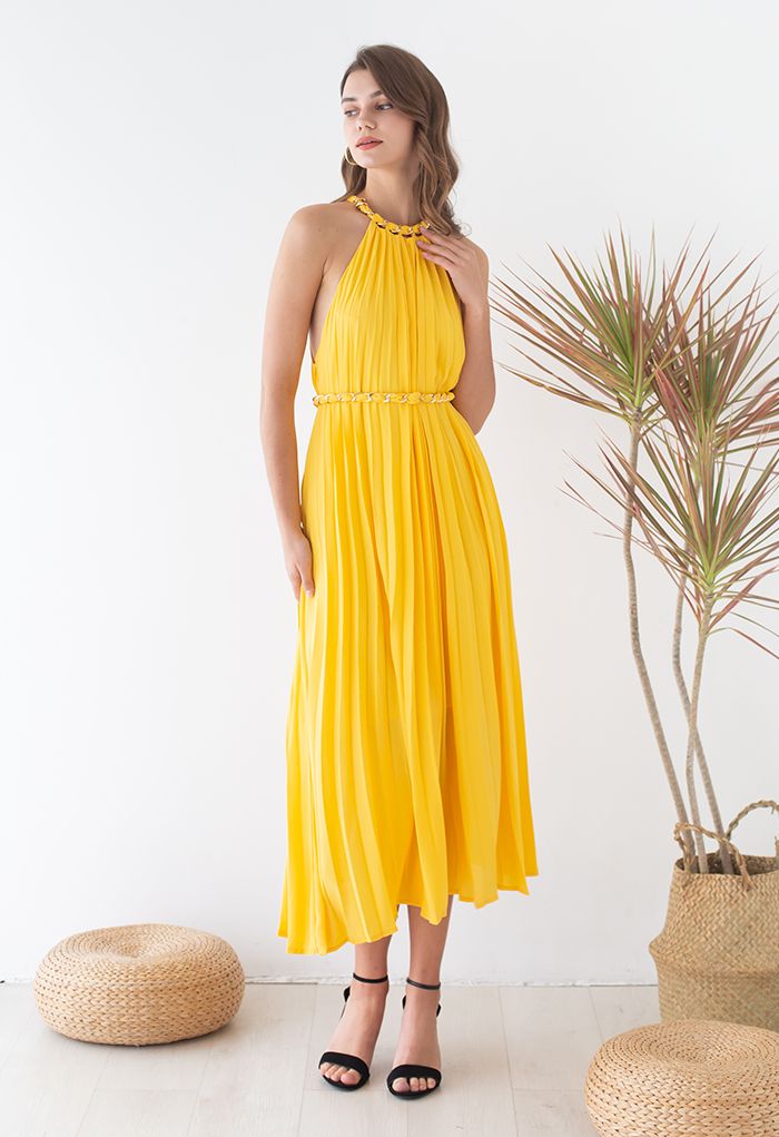 Golden Chain Halter Neck Pleated Maxi Dress in Yellow - Retro, Indie and  Unique Fashion