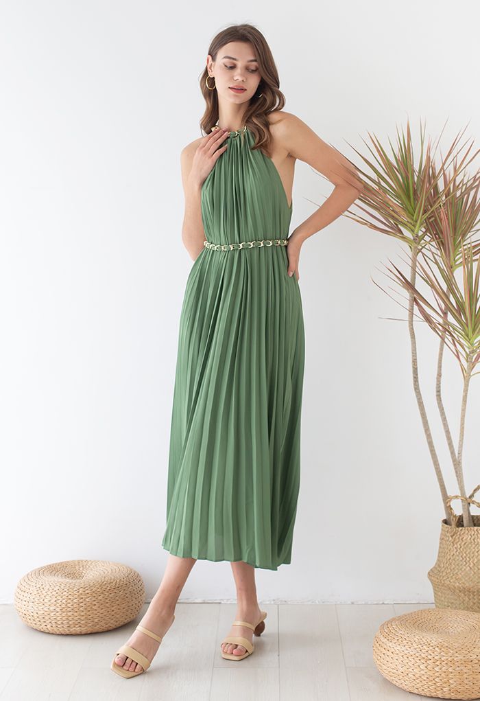 Golden Chain Halter Neck Pleated Maxi Dress in Green - Retro, Indie and ...