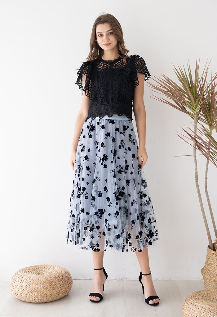 3D Posy Double-Layered Mesh Midi Skirt in Dusty Blue