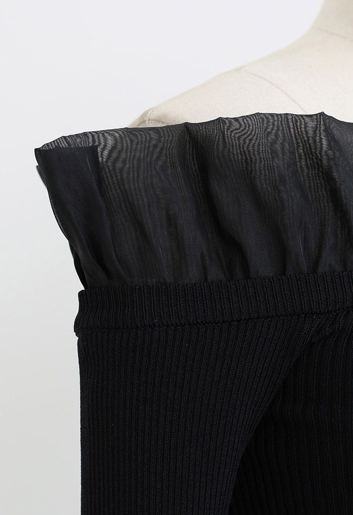 Organza Ruffle Edge Off-Shoulder Knit Top in Black
