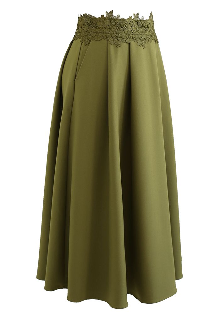 Lacy Waist Pleated Flare Midi Skirt in Moss Green - Retro, Indie and ...