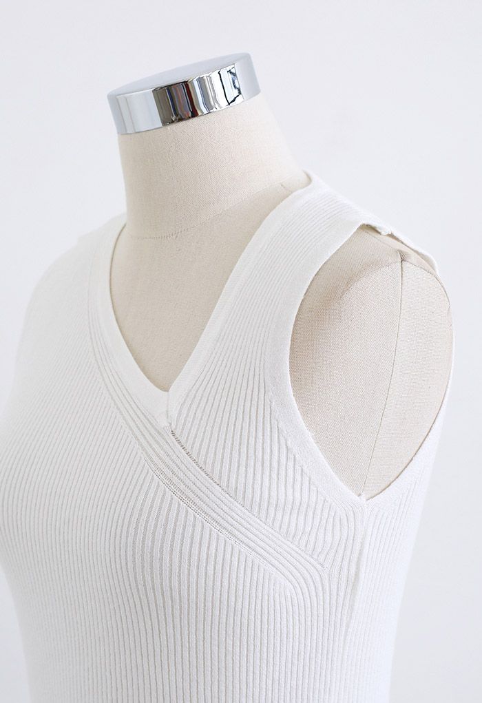 Oblique V-Neck Knit Tank Top in White