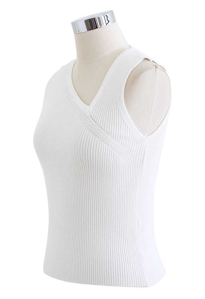 Oblique V-Neck Knit Tank Top in White