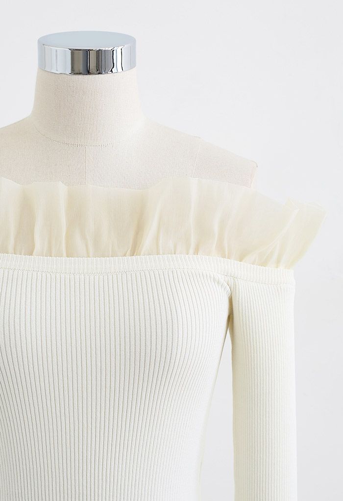 Organza Ruffle Edge Off-Shoulder Knit Top in Ivory
